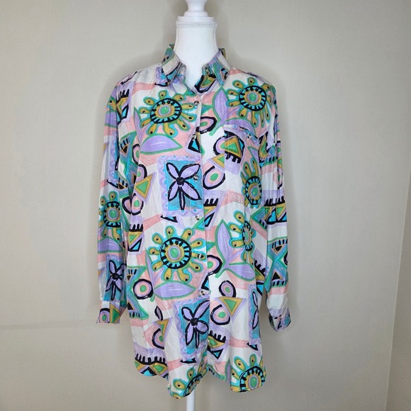 Jane Ashley Tops - Vintage 80s Jane Ashley‎ 100% Silk Abstract Blouse Shoulder Pads Size M